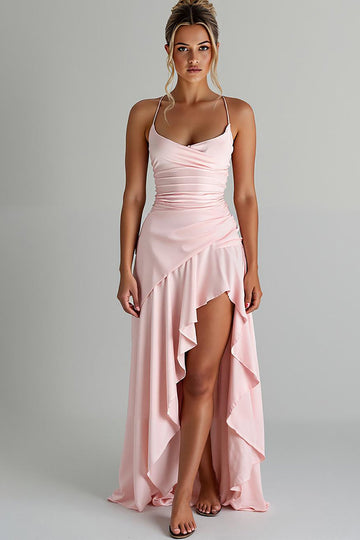 Ruffled High-Low Spaghetti Straps Light Pink Chiffon Evening Dress